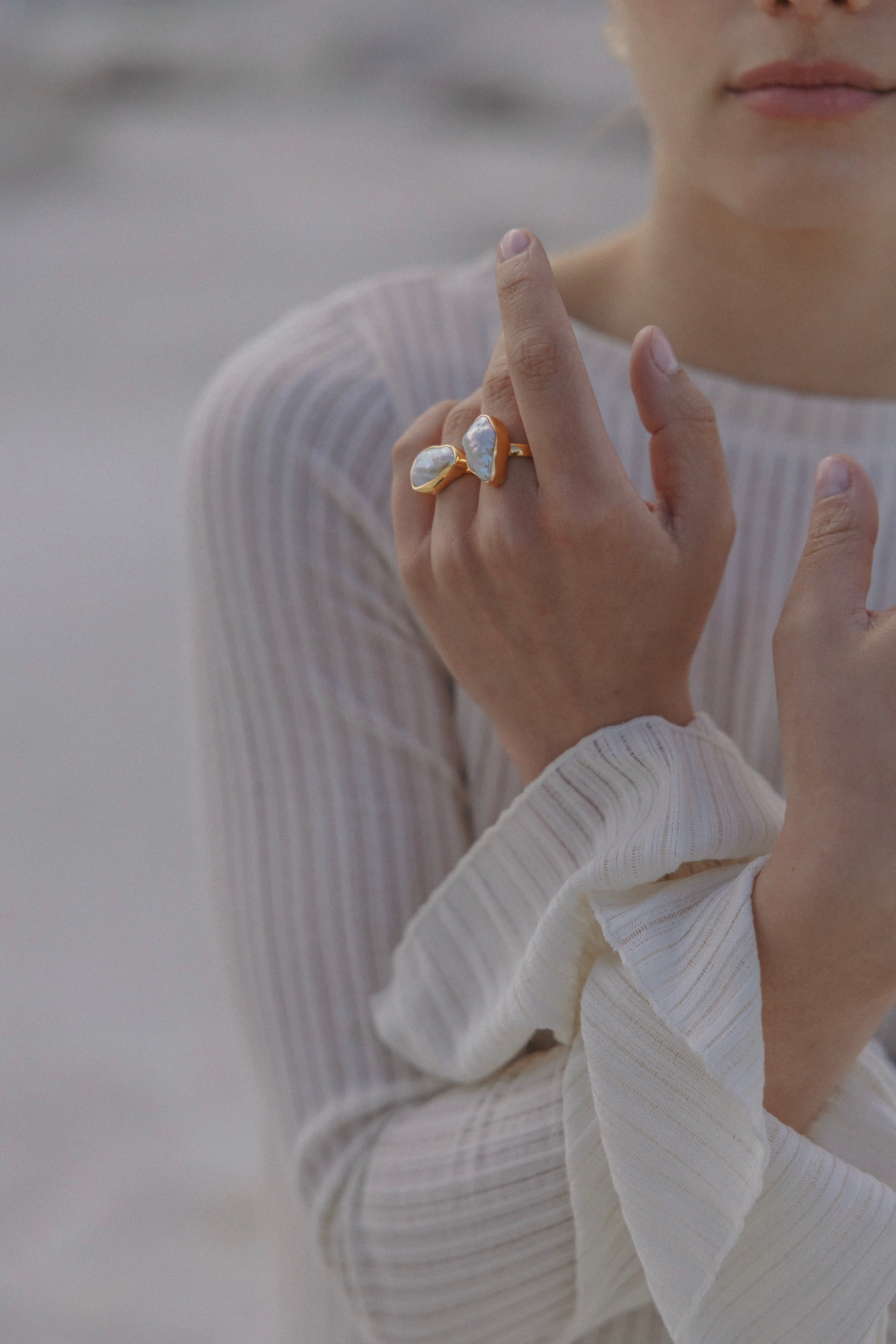 The Muse - Chunky White Biwa Pearl Ring 18K
